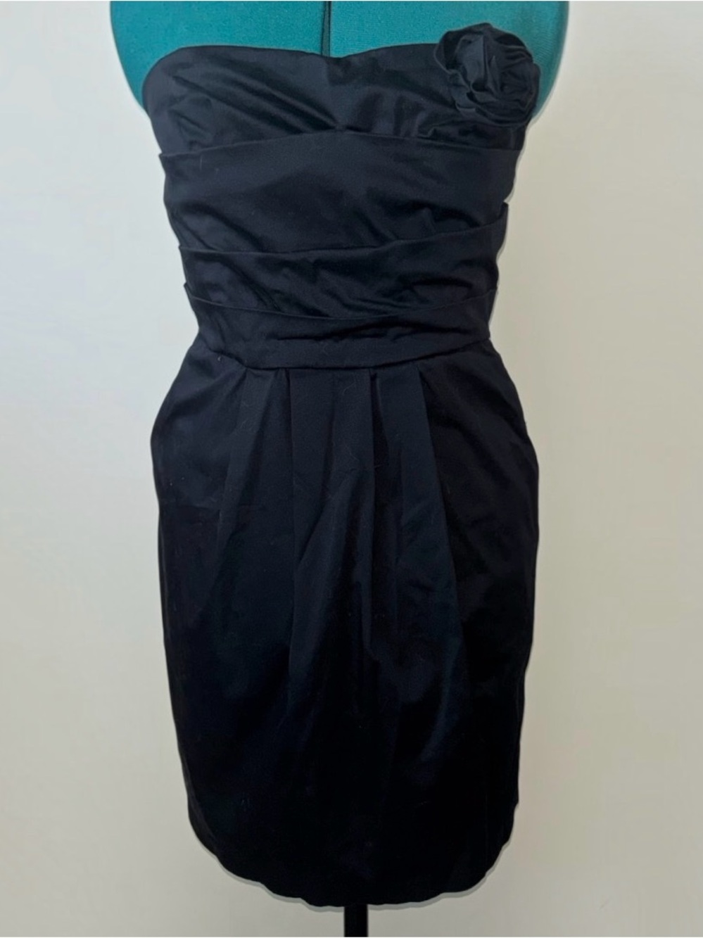 Vintage Y2K Mystic Made in USA Black Satin Rosette Strapless Mini Dress size L